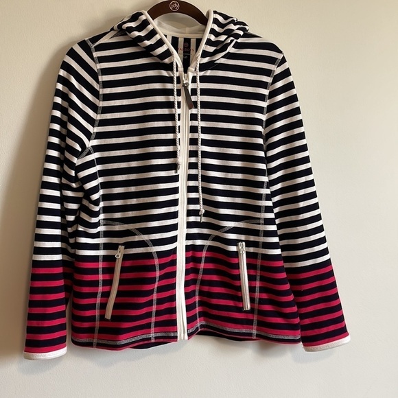 Talbots Striped Hooded Sweatshirt Large Petite Long Sleeve Blue Pink Pockets - Picture 2 of 13